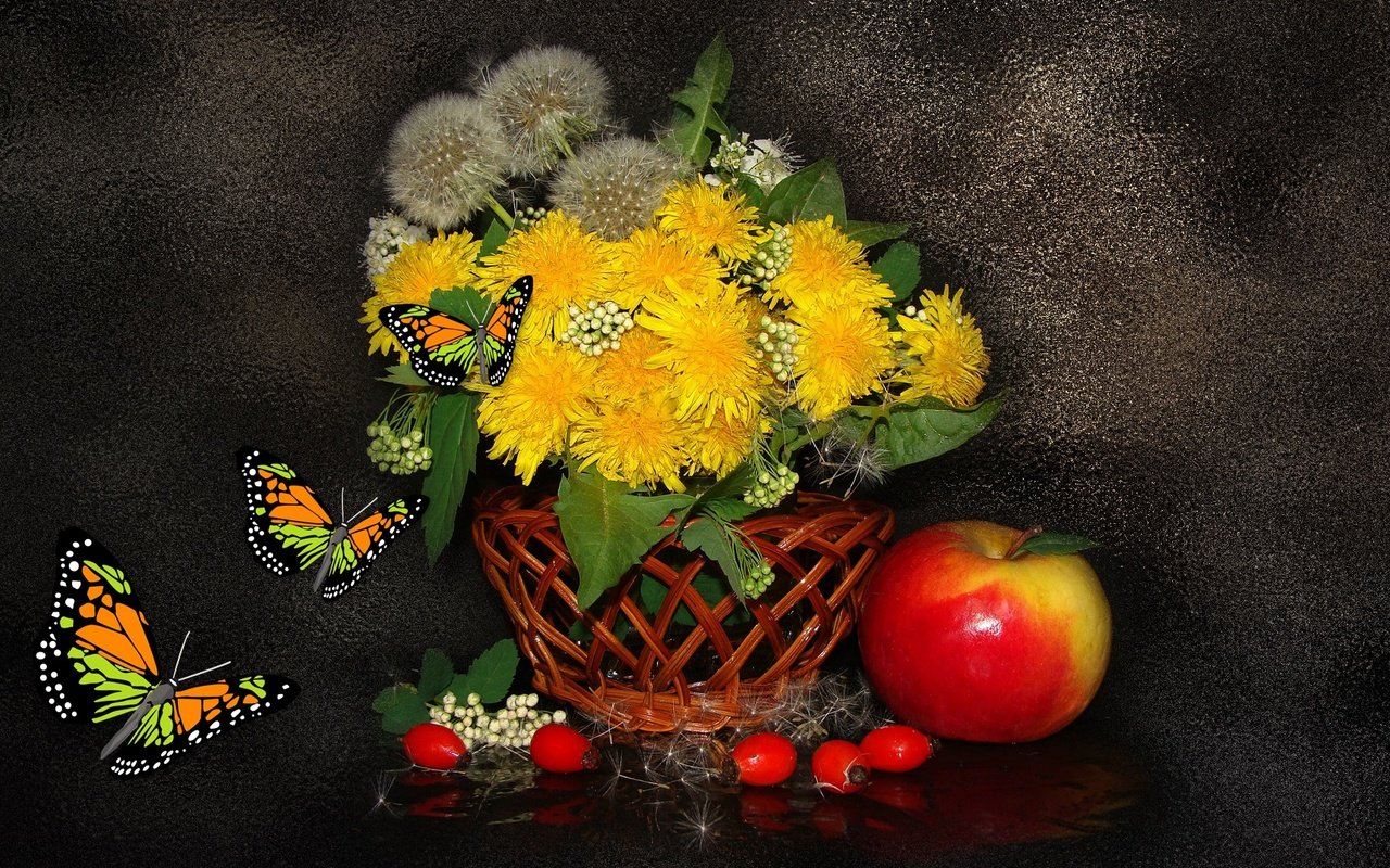 Обои цветы, корзинка, насекомое, натюрморт, бабочка, крылья, черный фон, ягоды, яблоко, одуванчики, flowers, basket, insect, still life, butterfly, wings, black background, berries, apple, dandelions разрешение 1920x1080 Загрузить