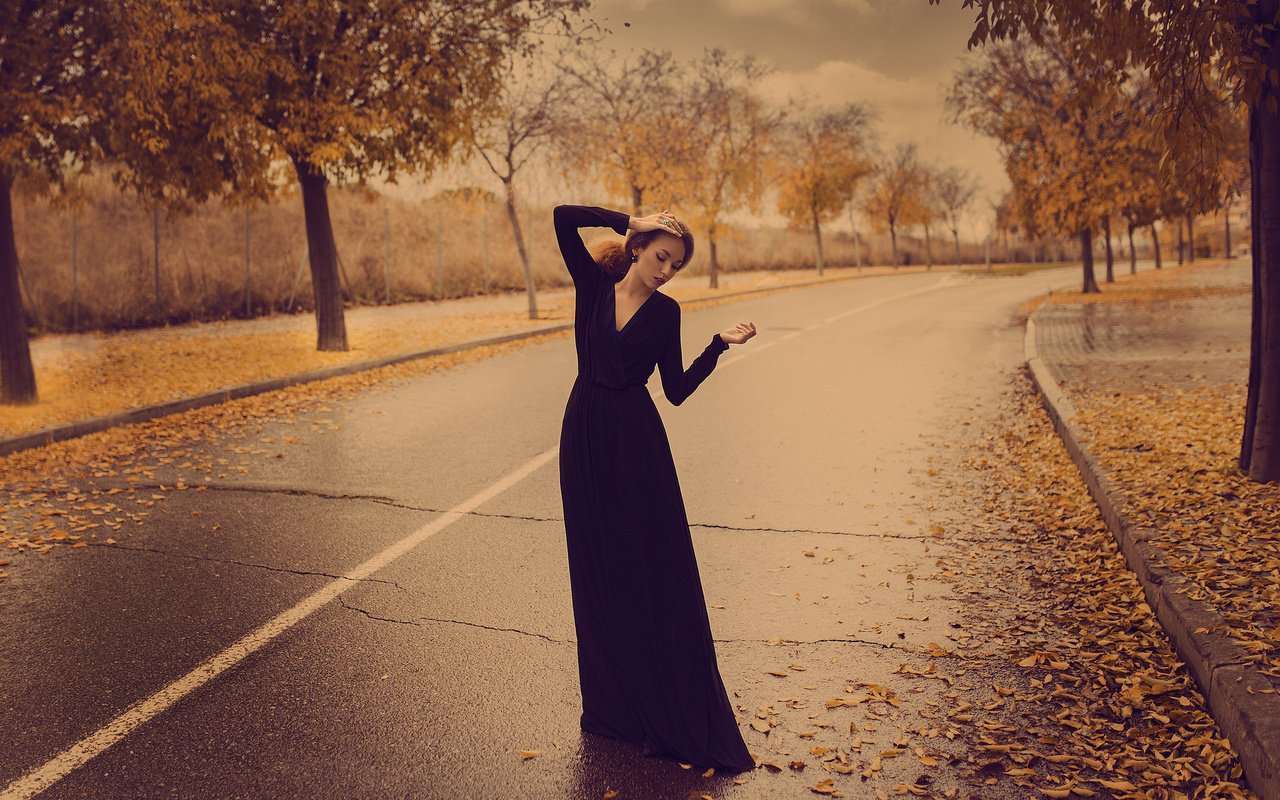 Обои дорога, листья, девушка, осень, волосы, черное платье, mara saiz, road, leaves, girl, autumn, hair, black dress разрешение 2048x1365 Загрузить