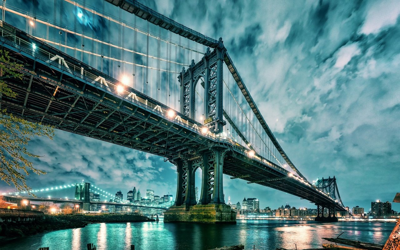 Обои облака, бруклинский мост, огни, вода, мост, небоскребы, сша, нью-йорк, манхэттен, clouds, brooklyn bridge, lights, water, bridge, skyscrapers, usa, new york, manhattan разрешение 1920x1080 Загрузить