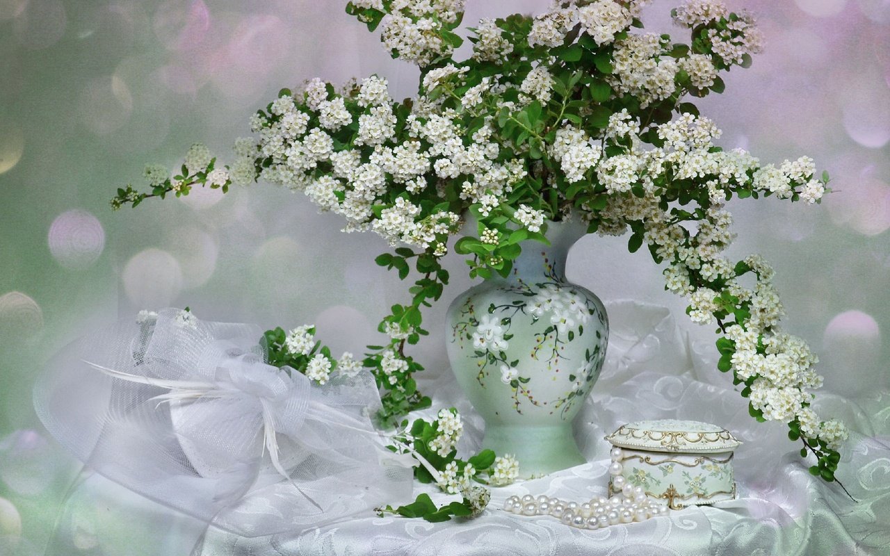 Обои цветы, шкатулка, ветки, спирея, букет, бусы, ваза, жемчуг, натюрморт, скатерть, flowers, box, branches, spiraea, bouquet, beads, vase, pearl, still life, tablecloth разрешение 2560x2140 Загрузить