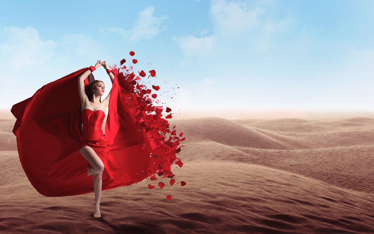 Обои девушка, платье, песок, пустыня, модель, танец, контраст, girl, dress, sand, desert, model, dance, contrast разрешение 1920x1080 Загрузить