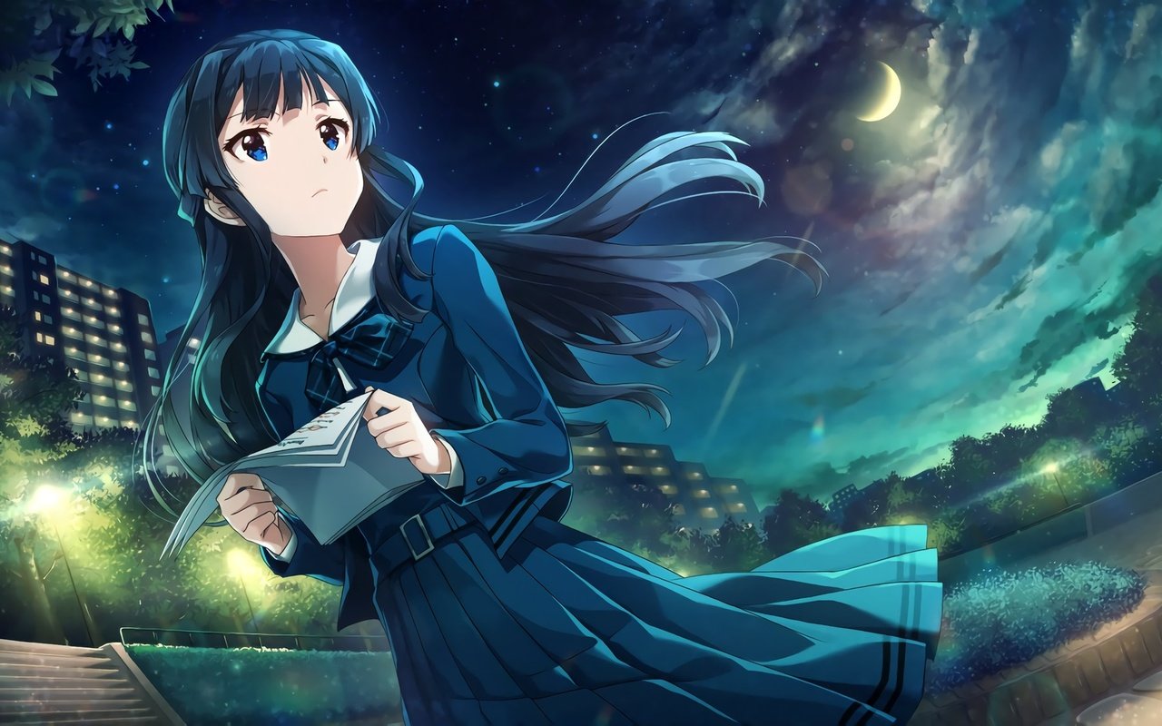 Обои облака, огни, парк, moon, школьная форма, mogami shizuka, the idolmaster, clouds, lights, park, school uniform разрешение 2048x1154 Загрузить