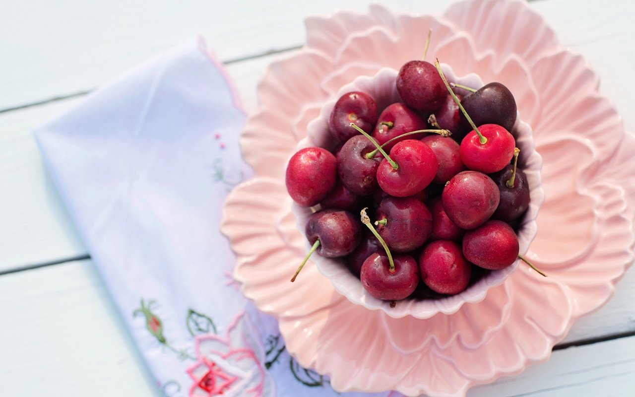 Обои стол, черешня, ягоды, вишня, чашка, завтрак, салфетка, тарелка, table, cherry, berries, cup, breakfast, napkin, plate разрешение 3840x2160 Загрузить