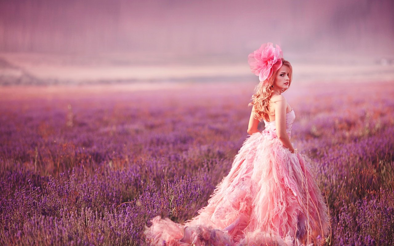Обои девушка, розовое платье, лаванда, взгляд, луг, модель, волосы, лицо, бант, girl, pink dress, lavender, look, meadow, model, hair, face, bow разрешение 6400x4841 Загрузить