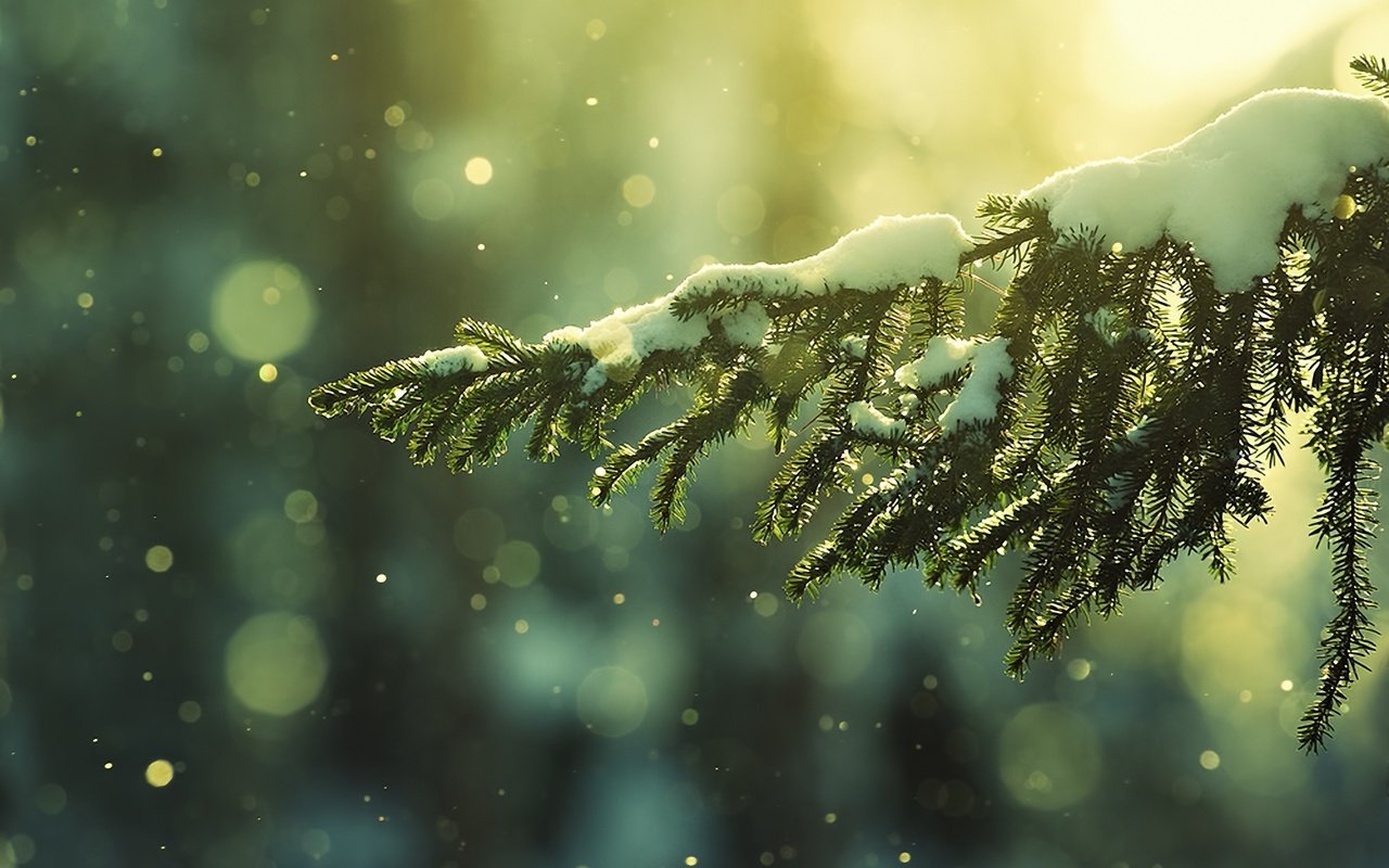 Обои снег, природа, хвоя, зима, ветки, мороз, боке, snow, nature, needles, winter, branches, frost, bokeh разрешение 1920x1440 Загрузить