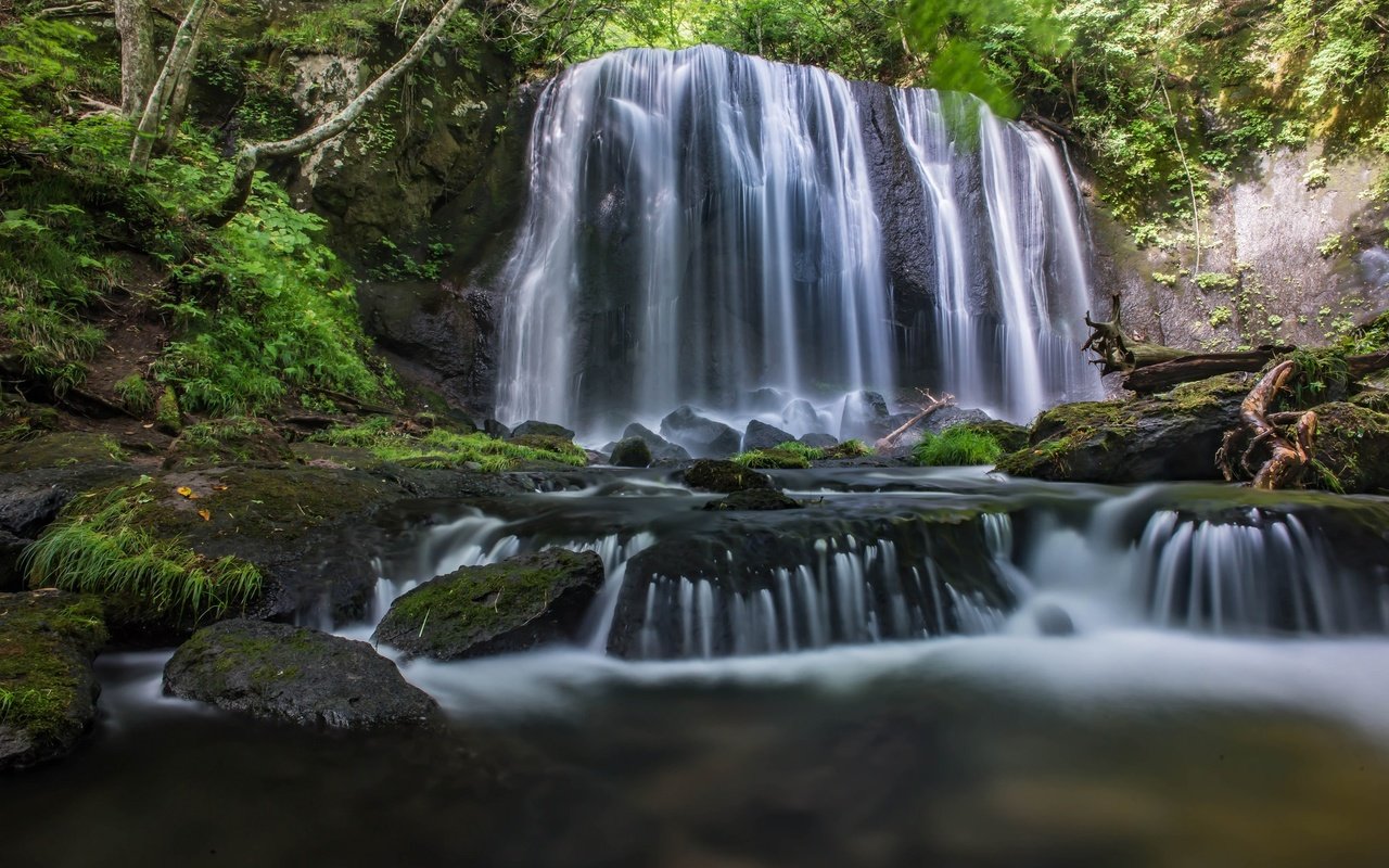 Обои деревья, вода, камни, листья, водопад, поток, мох, trees, water, stones, leaves, waterfall, stream, moss разрешение 2048x1367 Загрузить