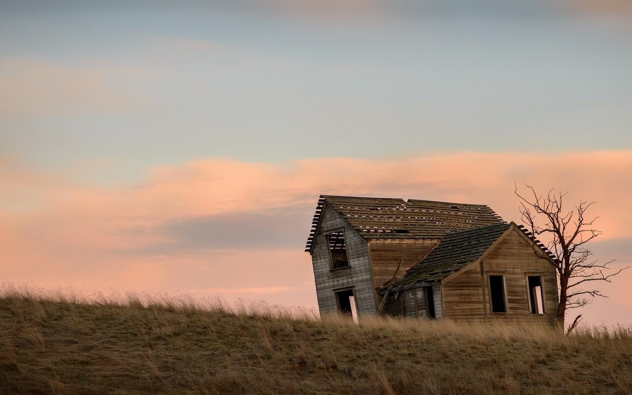 Обои небо, вечер, дерево, поле, дом, the sky, the evening, tree, field, house разрешение 2048x1100 Загрузить