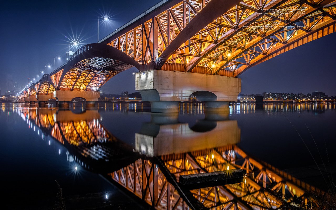 Обои огни, отражение, мост, город, сеул, южная корея, lights, reflection, bridge, the city, seoul, south korea разрешение 1920x1200 Загрузить