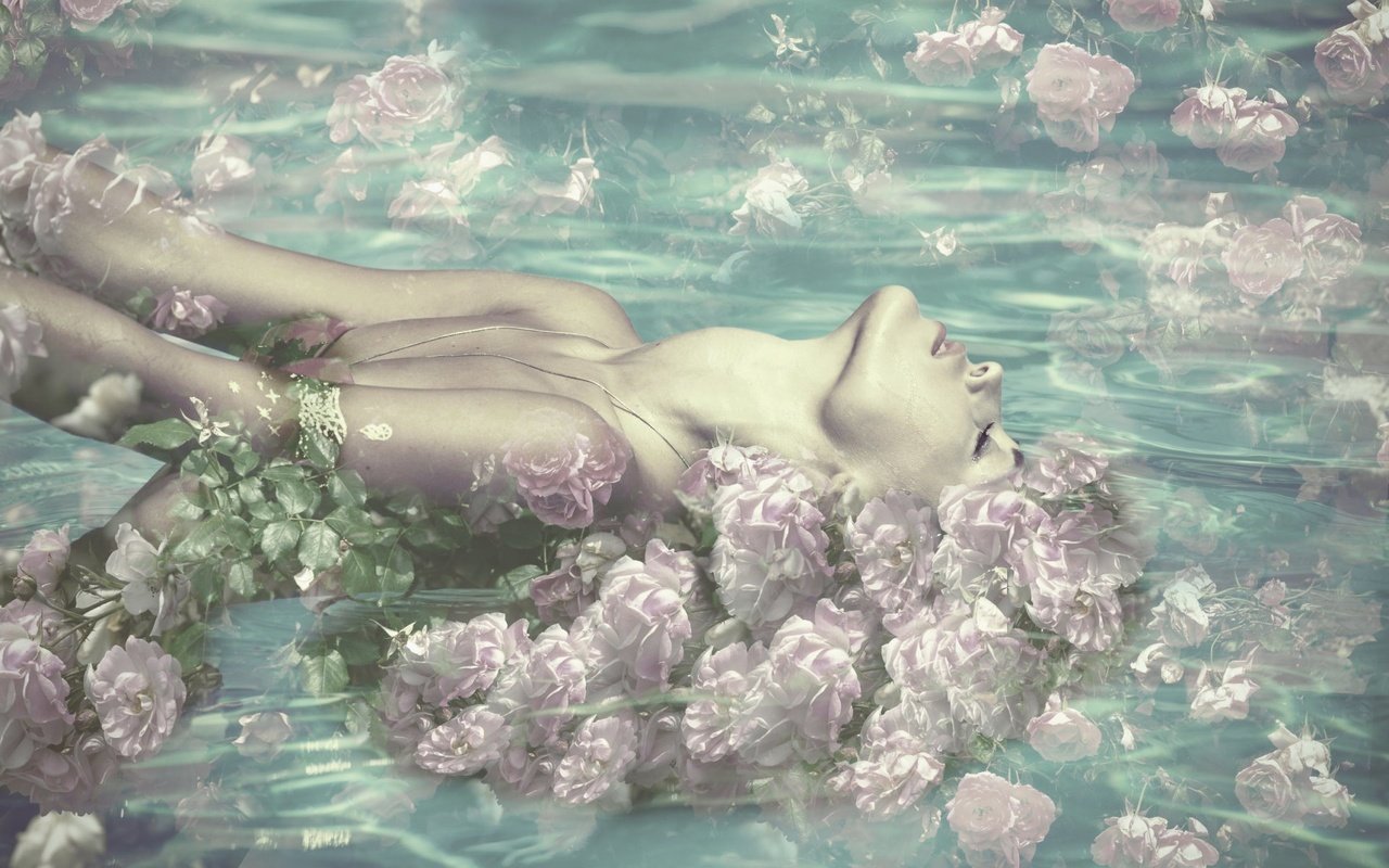 Обои цветы, вода, девушка, розы, закрытые глаза, flowers, water, girl, roses, closed eyes разрешение 1920x1200 Загрузить