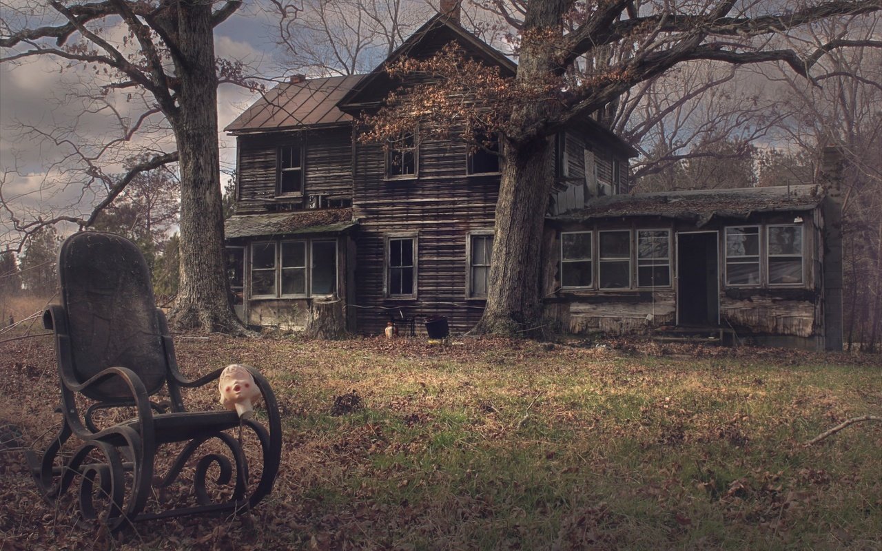 Обои деревья, развалины, дом, старый, ферма, кресло-качалка, trees, the ruins, house, old, farm, rocking chair разрешение 1920x1200 Загрузить