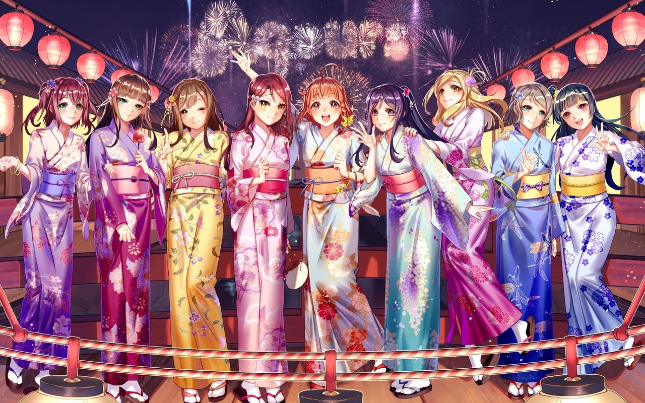 Обои девочки, кимоно, фонарики, феерверк, фестиваль, love live sunshine, girls, kimono, lanterns, fireworks, festival разрешение 2362x1372 Загрузить