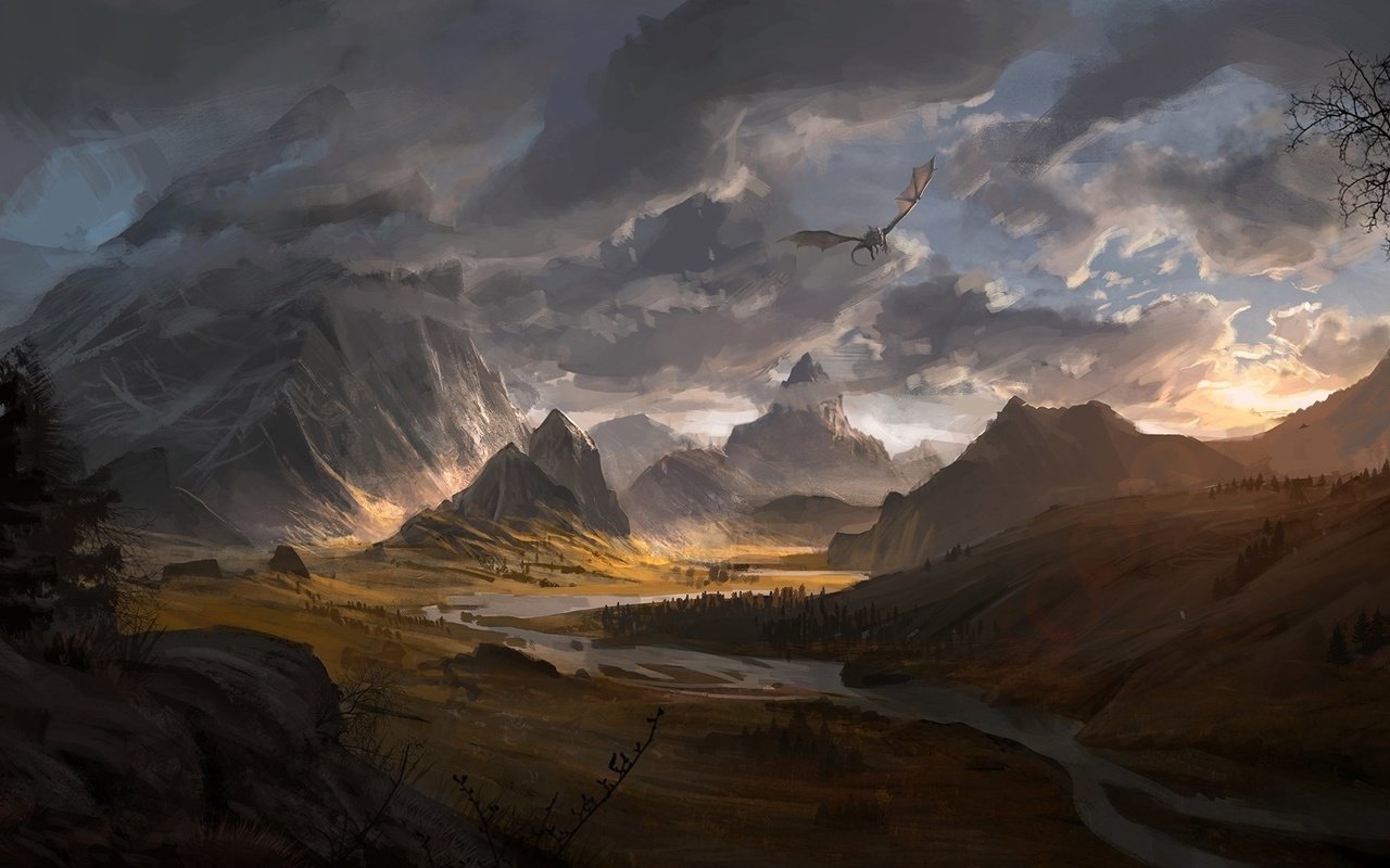 Обои горы, закат, дракон, скайрим, mountains, sunset, dragon, skyrim разрешение 1920x1080 Загрузить