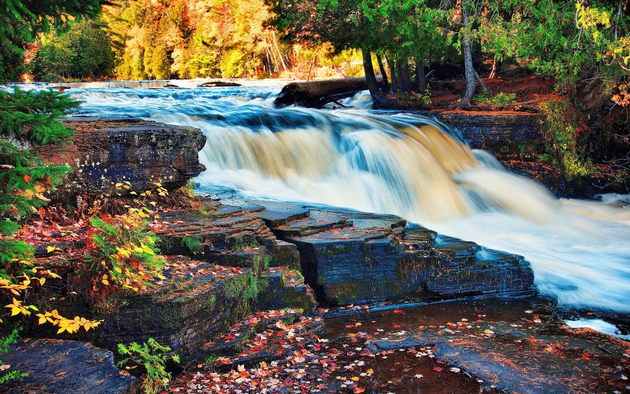 Обои деревья, осень, река, скалы, камни, лес, листья, ручей, водопад, trees, autumn, river, rocks, stones, forest, leaves, stream, waterfall разрешение 4672x3104 Загрузить