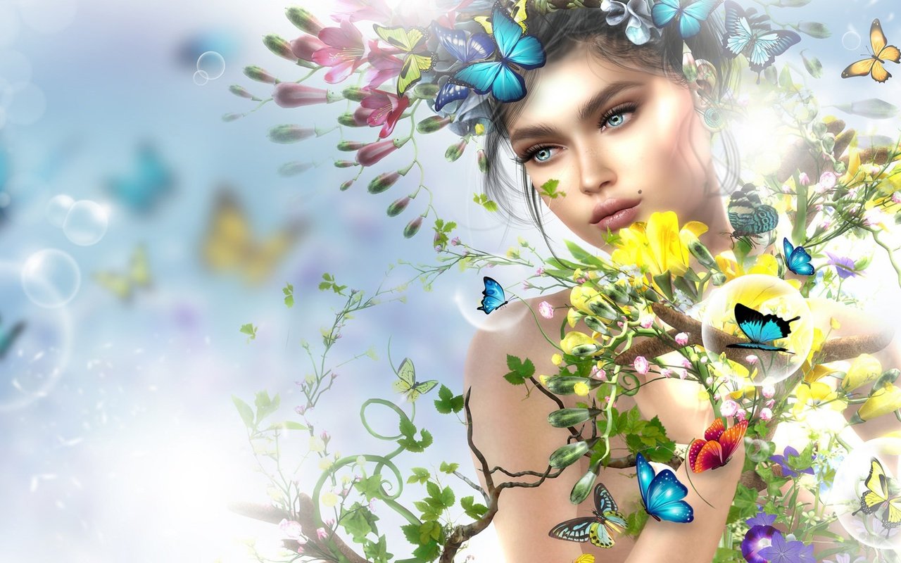 Обои цветы, арт, девушка, взгляд, весна, лицо, бабочки, flowers, art, girl, look, spring, face, butterfly разрешение 2198x1080 Загрузить