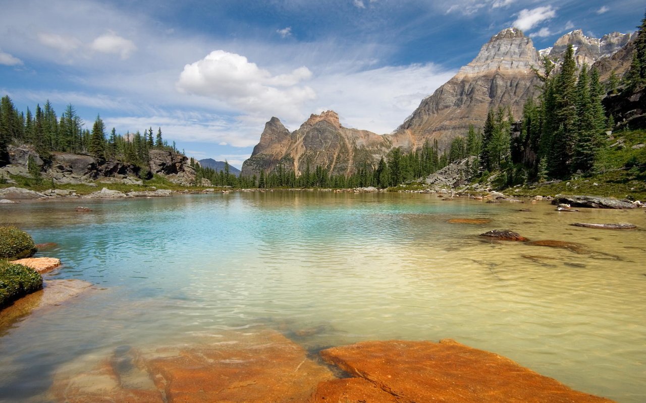 Обои деревья, озеро, горы, камни, trees, lake, mountains, stones разрешение 1920x1080 Загрузить