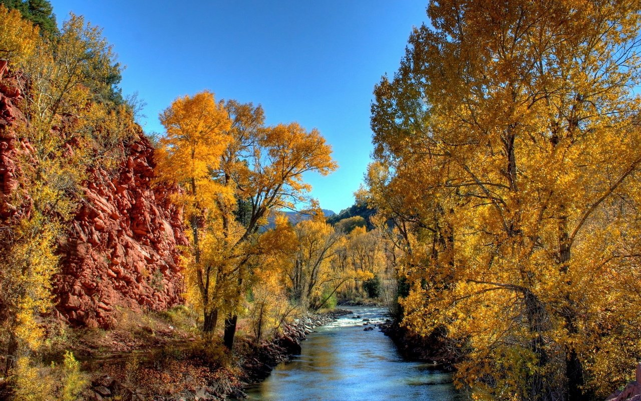 Обои небо, деревья, река, природа, осень, желтые листья, the sky, trees, river, nature, autumn, yellow leaves разрешение 1920x1080 Загрузить