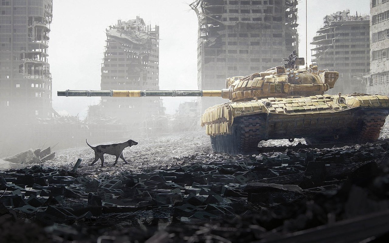 Обои война, город, собака, разруха, танк, здания, war, the city, dog, devastation, tank, building разрешение 1920x1080 Загрузить