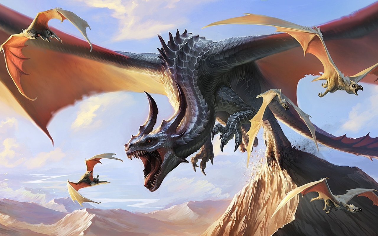 Обои дракон, brian valeza, виверны, вымышленное существо, afternoon snack, dragon hunting wyverns, dragon, wyverns, a fictional creature, dragon hunting wild разрешение 1920x1080 Загрузить