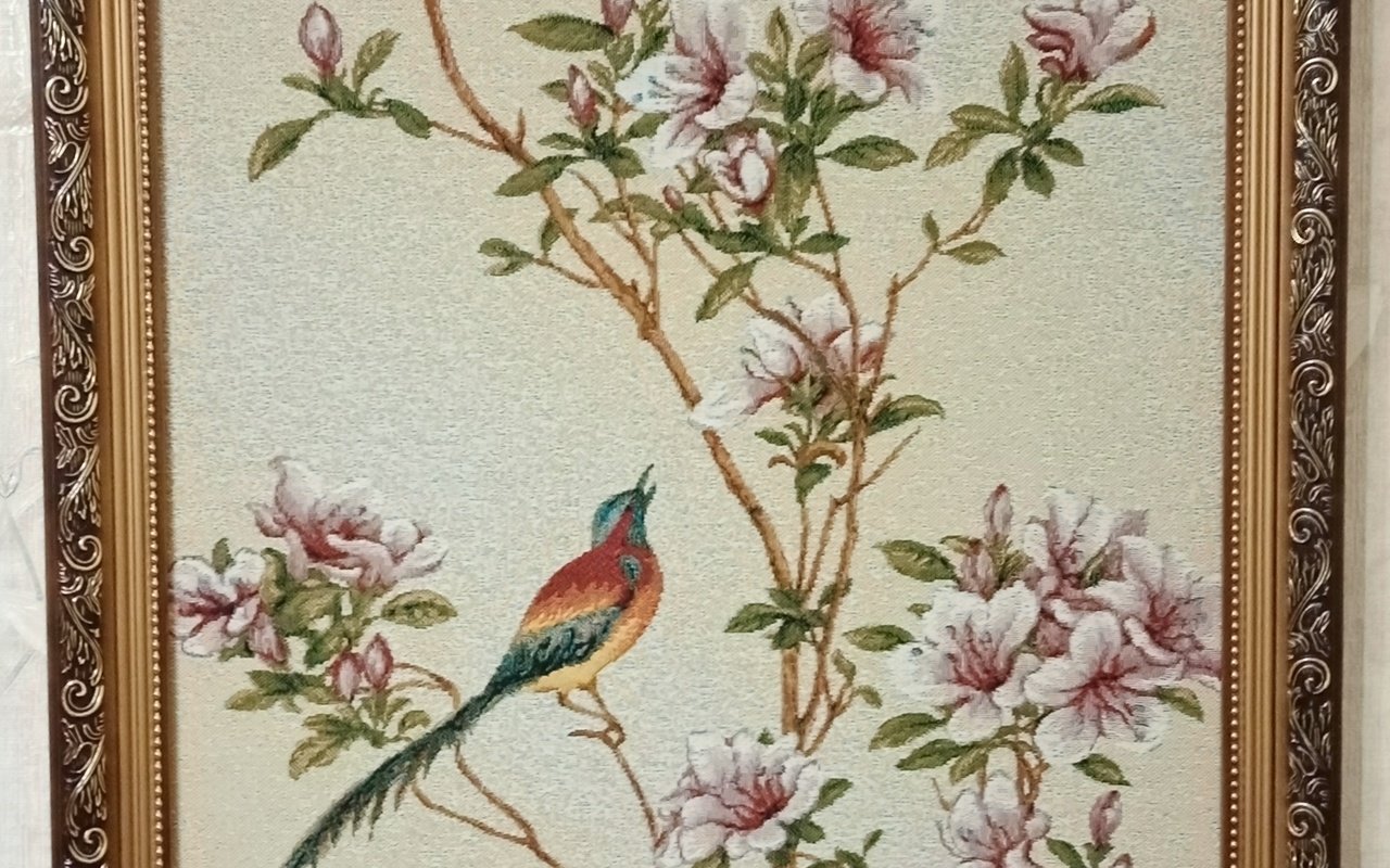 Обои картина, цветущая сакура, райская птица, гобелен, picture, cherry blossoms, bird of paradise разрешение 2000x4160 Загрузить