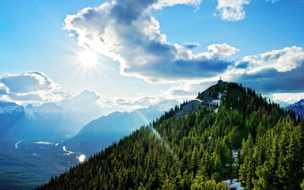 Обои небо, sulphur mountain, гора салфер, природа, лес, пейзаж, гора, высота, канада, национальный парк банф, the sky, nature, forest, landscape, mountain, height, canada, banff national park разрешение 3840x2160 Загрузить