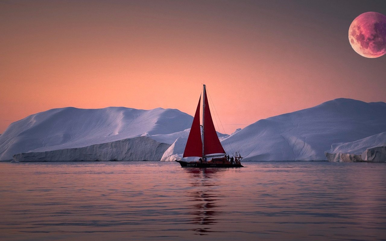 Обои закат, море, яхта, льды, гренландия, айсберги, sunset, sea, yacht, ice, greenland, icebergs разрешение 2048x1152 Загрузить