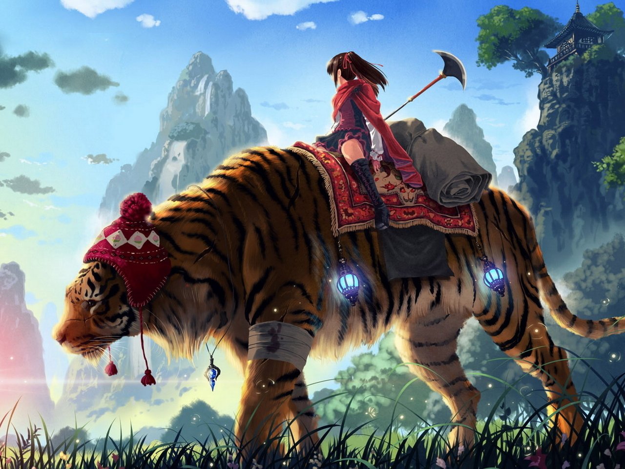 Обои тигр, трава, горы, девушка, копье, kankurou, tiger, grass, mountains, girl, spear разрешение 1920x1200 Загрузить