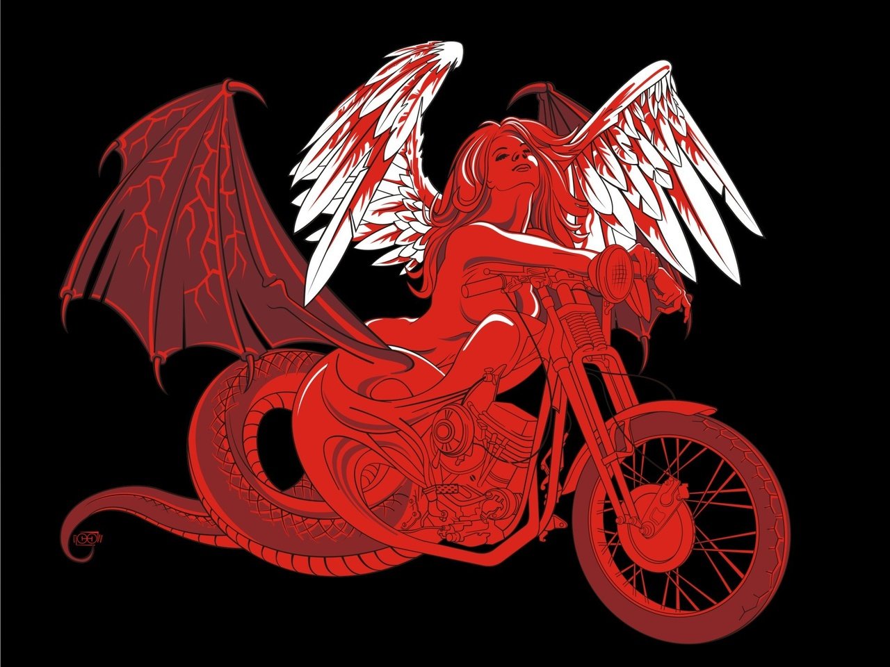 Обои девушка, вектор, крылья, мотоцикл, girl, vector, wings, motorcycle разрешение 1920x1440 Загрузить