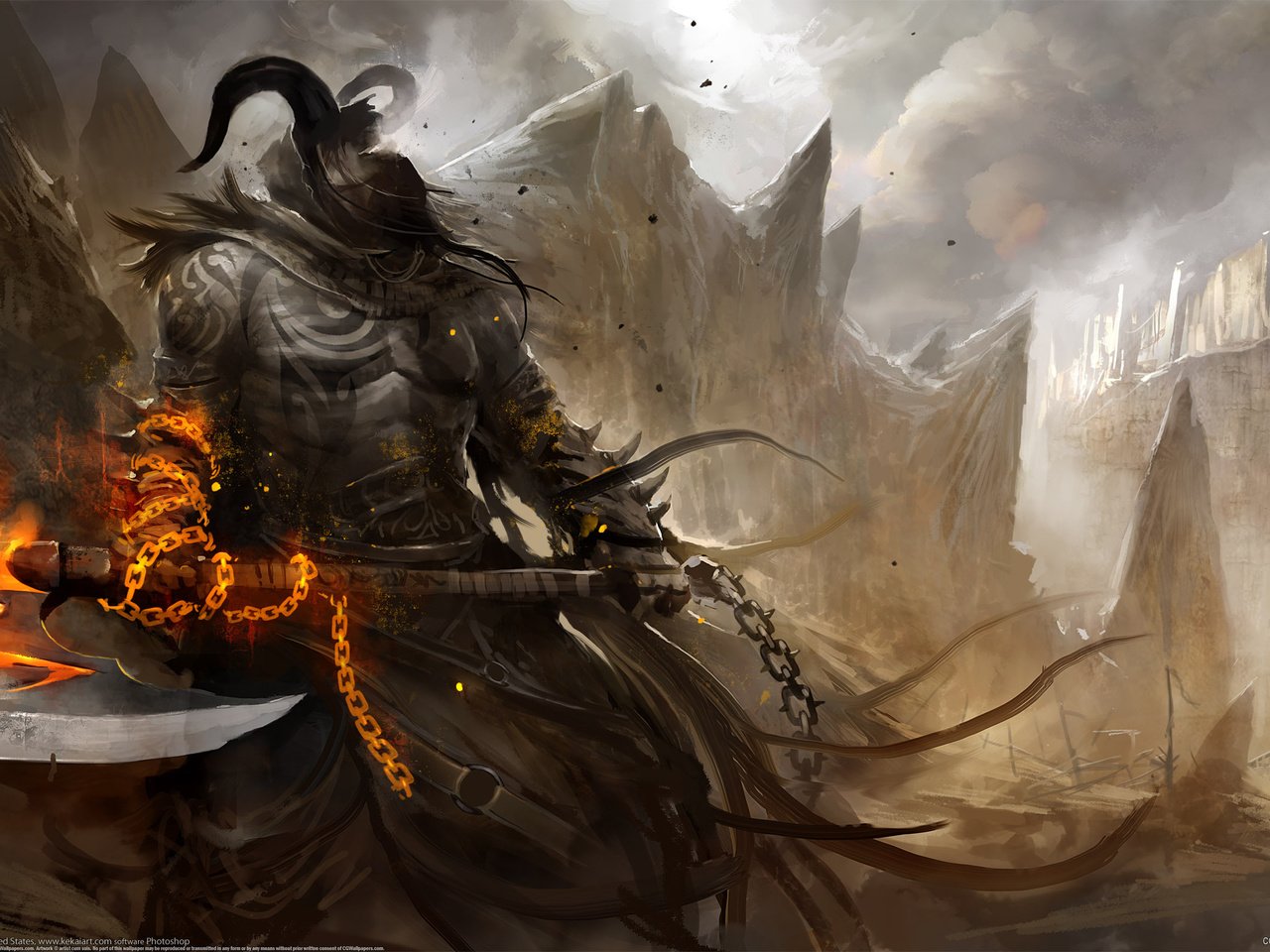 Обои рисунок, воин, демон, топор, figure, warrior, the demon, axe разрешение 2560x1600 Загрузить