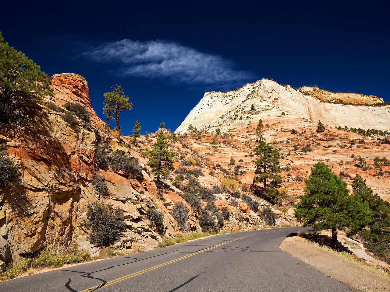 Обои небо, дорога, скалы, пустыня, юта, zion national park, the sky, road, rocks, desert, utah разрешение 2560x1600 Загрузить