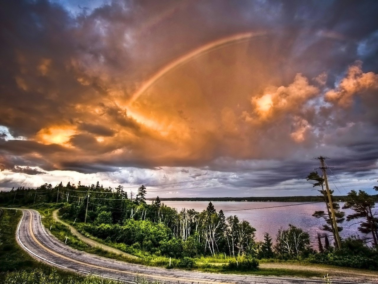 Обои дорога, облака, деревья, радуга, road, clouds, trees, rainbow разрешение 1920x1200 Загрузить