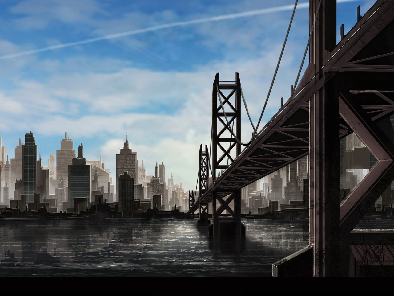 Обои мост, фантастика, город, bridge, fiction, the city разрешение 2560x1180 Загрузить