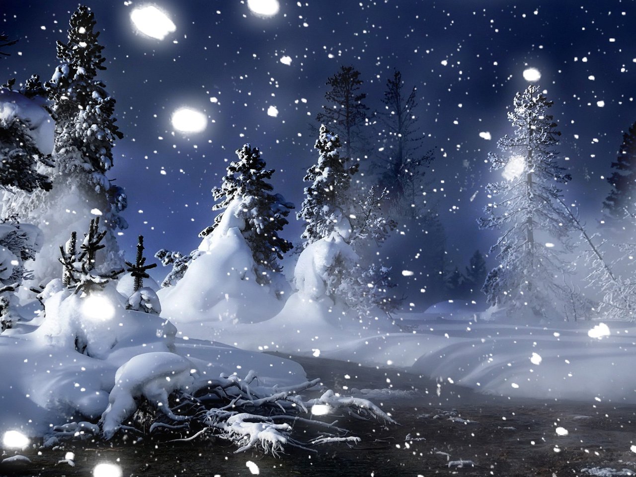 Обои ночь, снег, лес, зима, елочки, night, snow, forest, winter, christmas trees разрешение 1920x1200 Загрузить