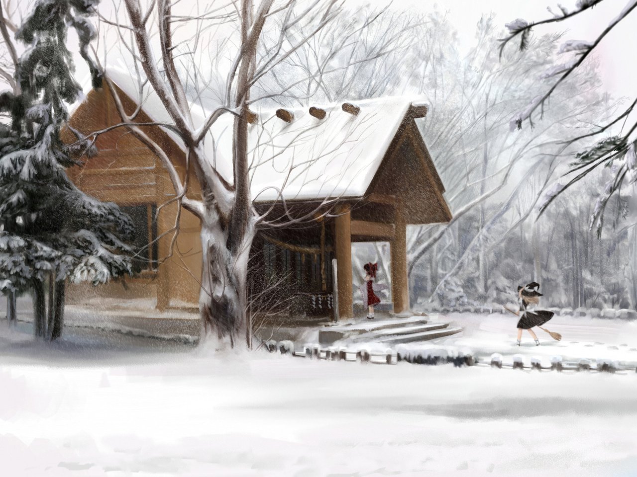 Обои деревья, снег, зима, дом, trees, snow, winter, house разрешение 2000x1392 Загрузить