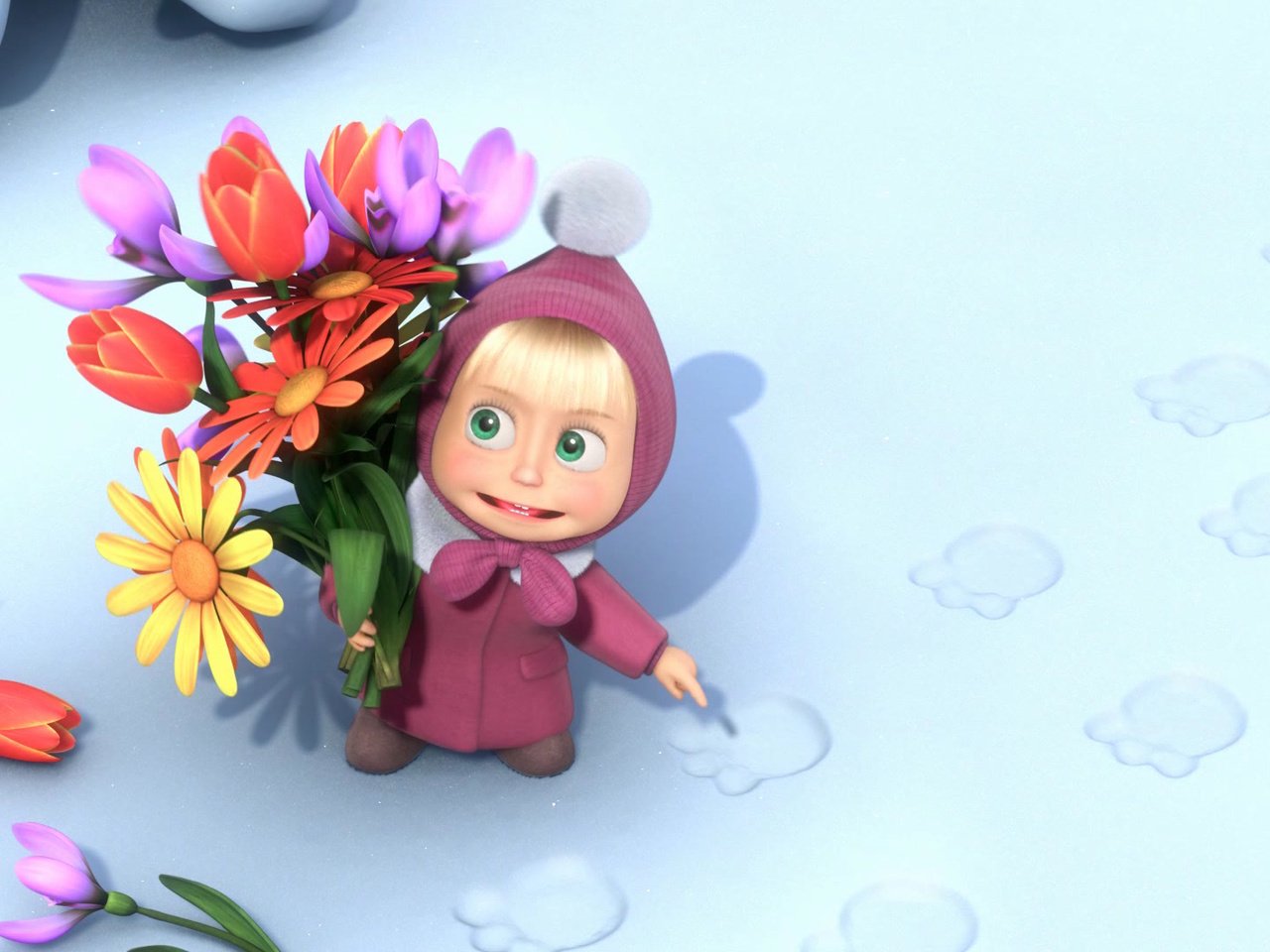 Обои цветы, снег, мультфильм, следы, маша и медведь, flowers, snow, cartoon, traces, masha and the bear разрешение 1920x1080 Загрузить