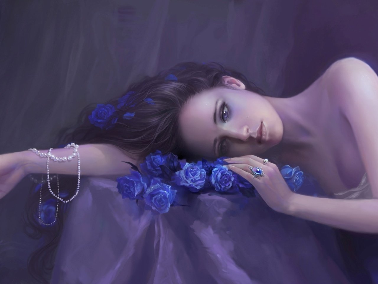 Обои арт, рука, девушка, розы, лежит, бусы, синие, клетка, art, hand, girl, roses, lies, beads, blue, cell разрешение 2265x1135 Загрузить