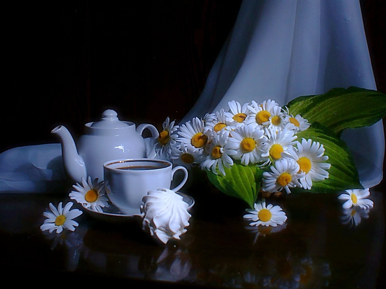 Обои ромашки, черный фон, чашка, чай, чайник, зефир, chamomile, black background, cup, tea, kettle, marshmallows разрешение 2048x1213 Загрузить