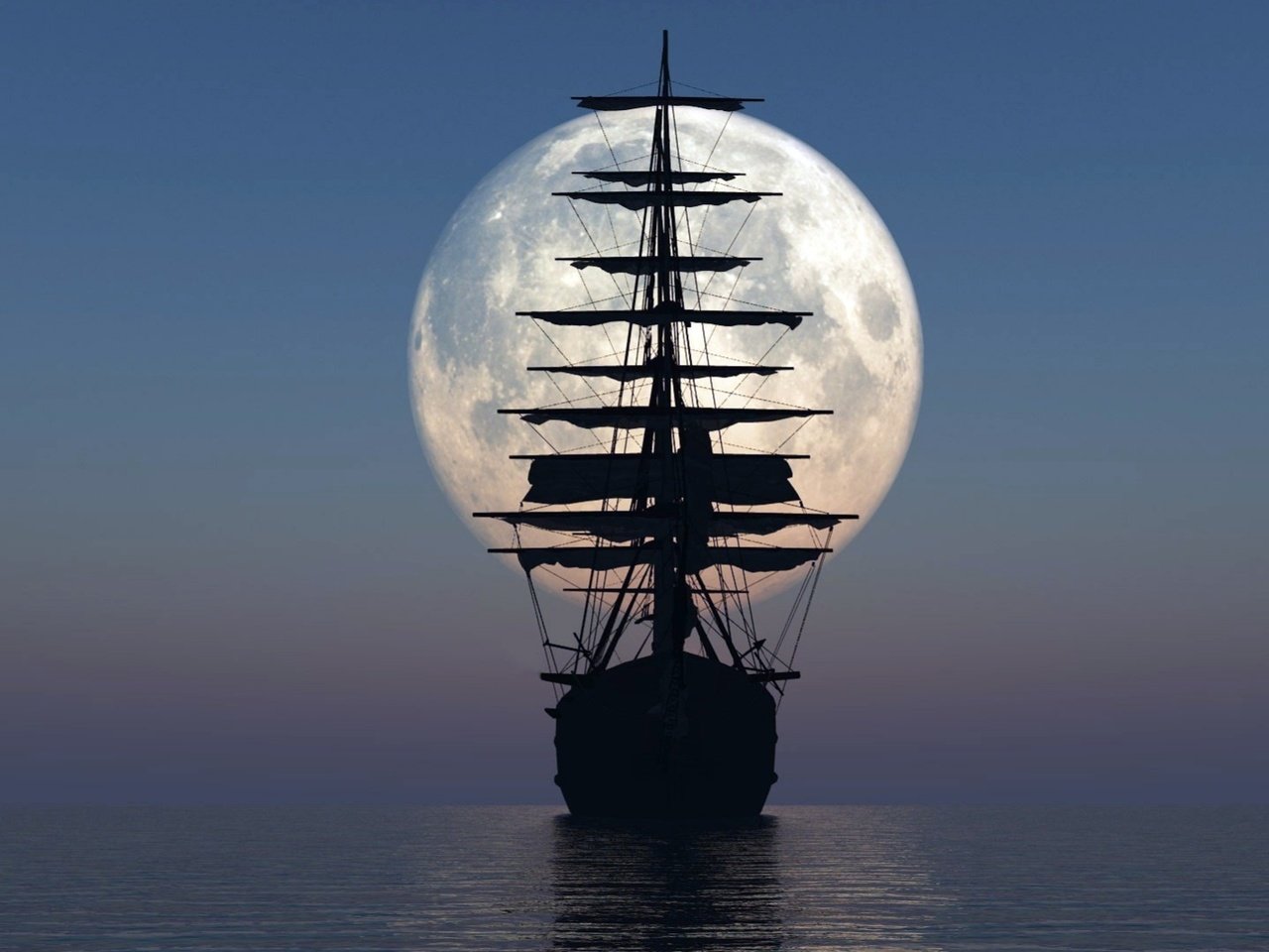 Обои небо, корабль, луна, океан, мачты, 3d-графика, the sky, ship, the moon, the ocean, mast, 3d graphics разрешение 1920x1080 Загрузить