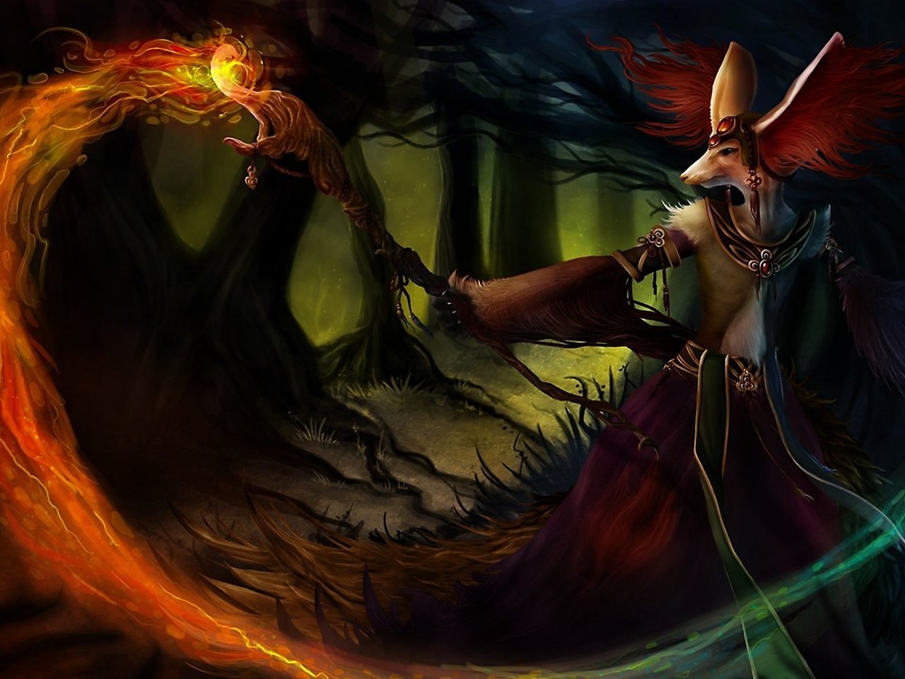 Обои маг с огненным посохом, a mage with a fire staff разрешение 2560x1440 Загрузить