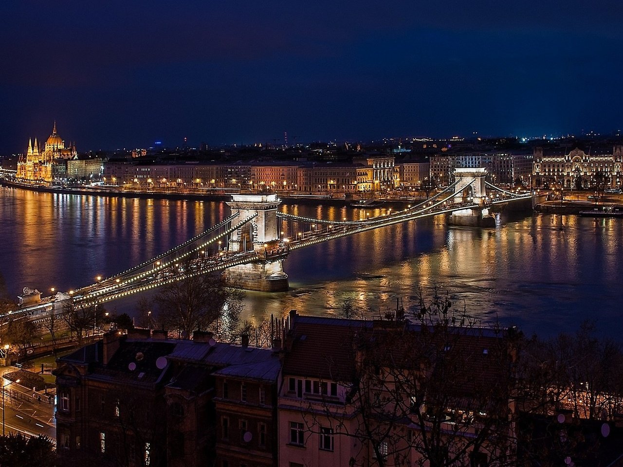 Обои ночь, мост, город, венгрия, будапешт, ночной будапешт, night, bridge, the city, hungary, budapest, budapest by night разрешение 2560x1440 Загрузить