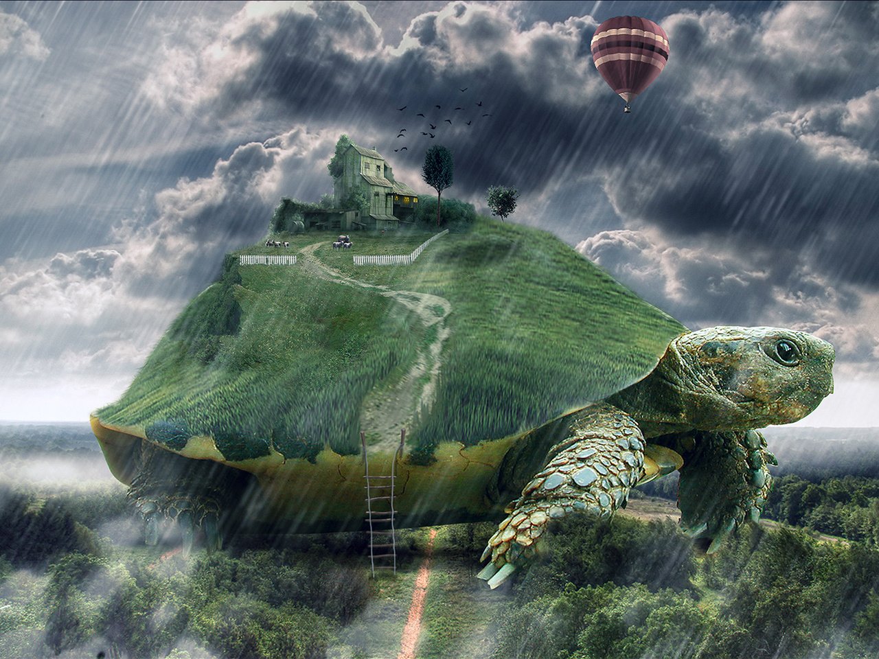 Обои арт, лестница, черепаха, дом, дождь, гигантская, art, ladder, turtle, house, rain, giant разрешение 1920x1200 Загрузить