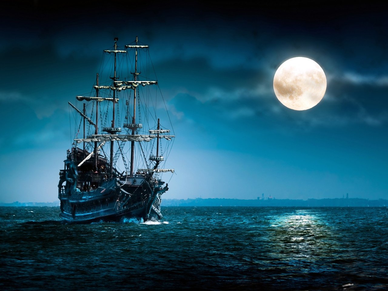 Обои ночь, море, корабль, night, sea, ship разрешение 2560x1600 Загрузить