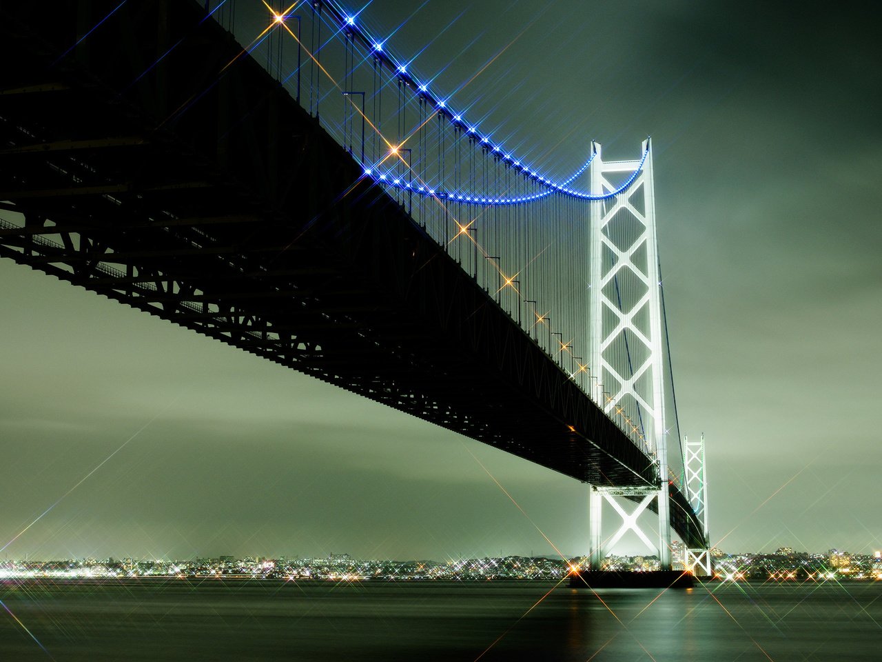 Обои огни, город, япония, акаси-кайке мост, lights, the city, japan, akashi-kaikyo bridge разрешение 2464x1632 Загрузить