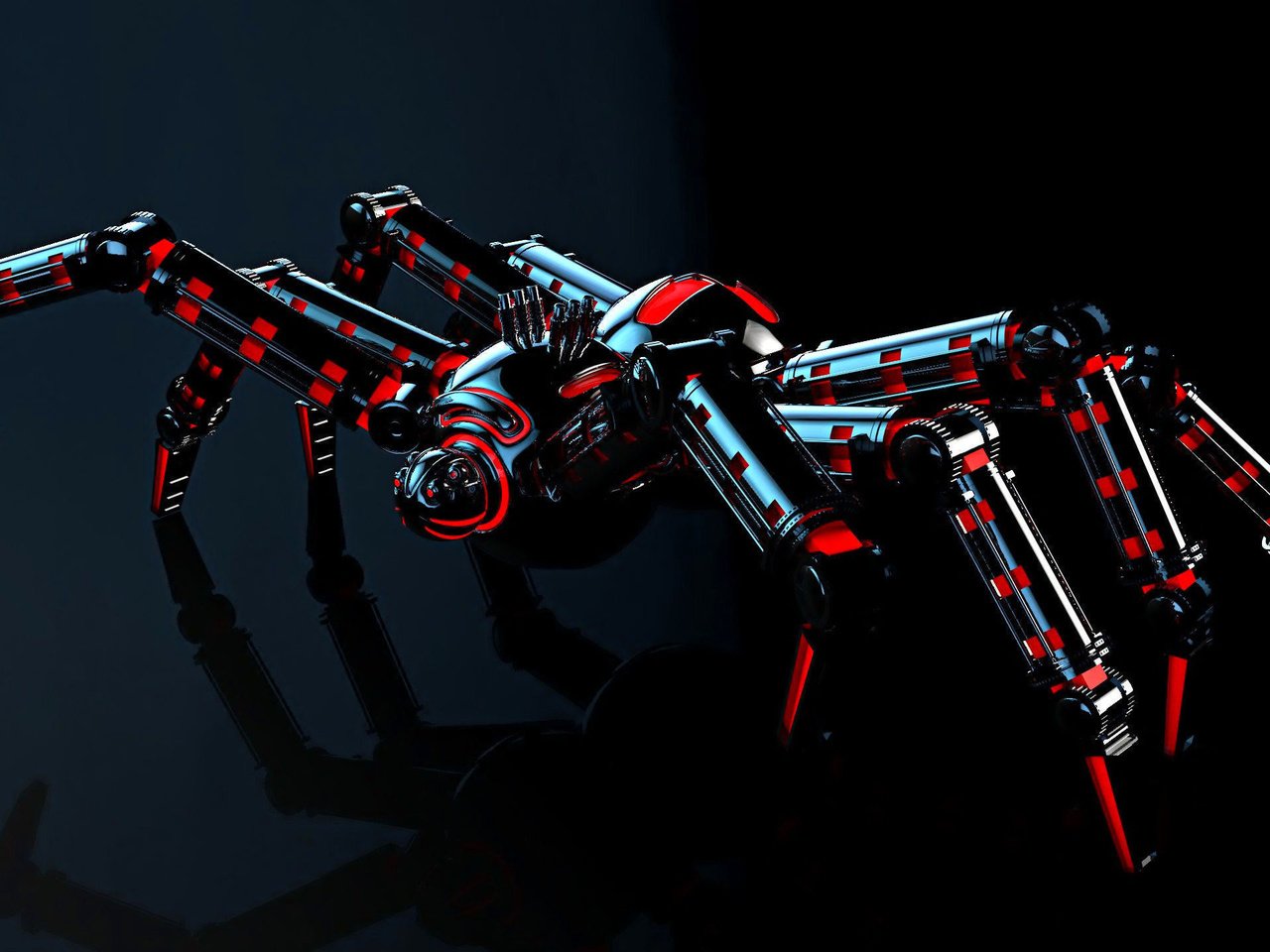 Обои свет, отражение, робот, черный фон, механизм, паук, робот-паук, light, reflection, robot, black background, mechanism, spider, robot spider разрешение 2560x1440 Загрузить