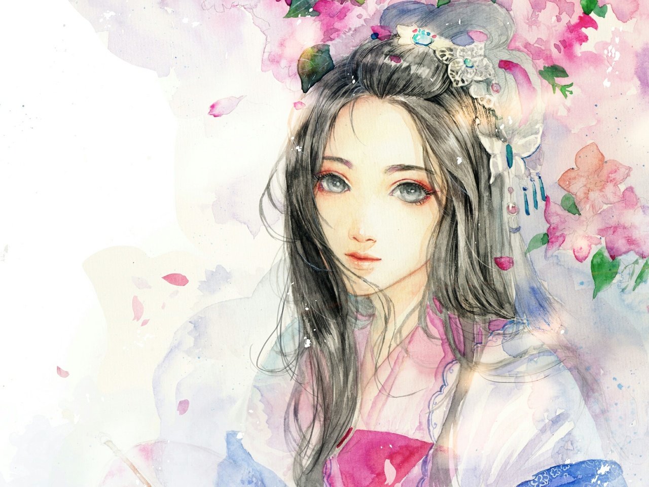 Обои цветы, арт, девушка, акварель, sinvia, flowers, art, girl, watercolor разрешение 2380x1662 Загрузить