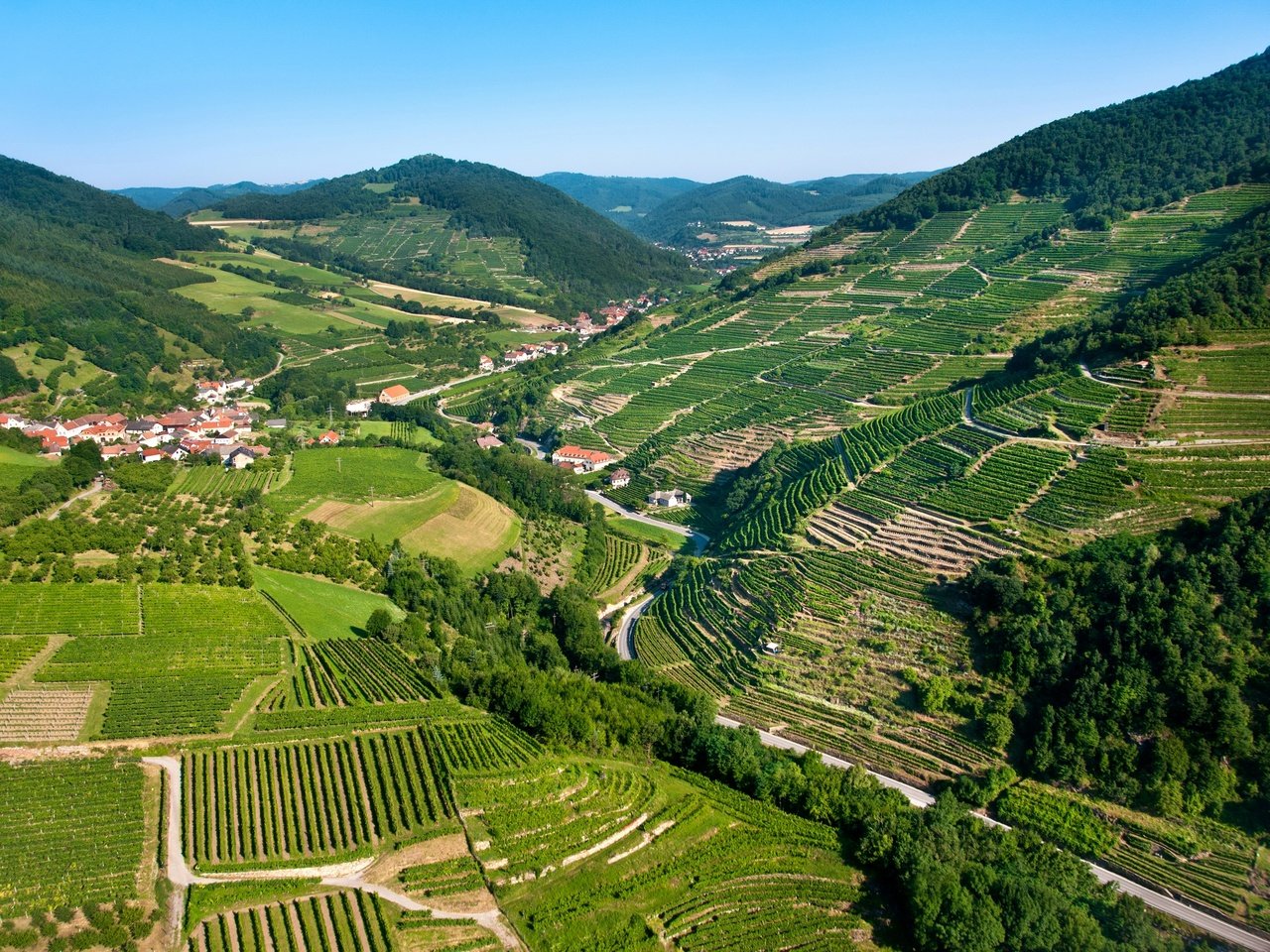 Обои горы, поля, панорама, австрия, дома, плантации, леса, вахау, mountains, field, panorama, austria, home, plantation, forest, wachau разрешение 2880x1913 Загрузить