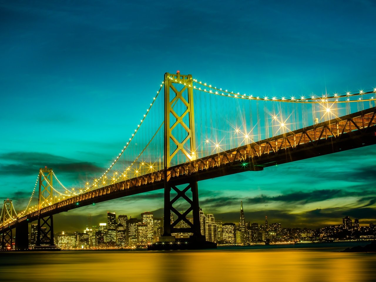 Обои небо, огни, вечер, сша, сан-франциско, калифорния, bay bridge, бэй бридж, the sky, lights, the evening, usa, san francisco, ca разрешение 5760x3840 Загрузить