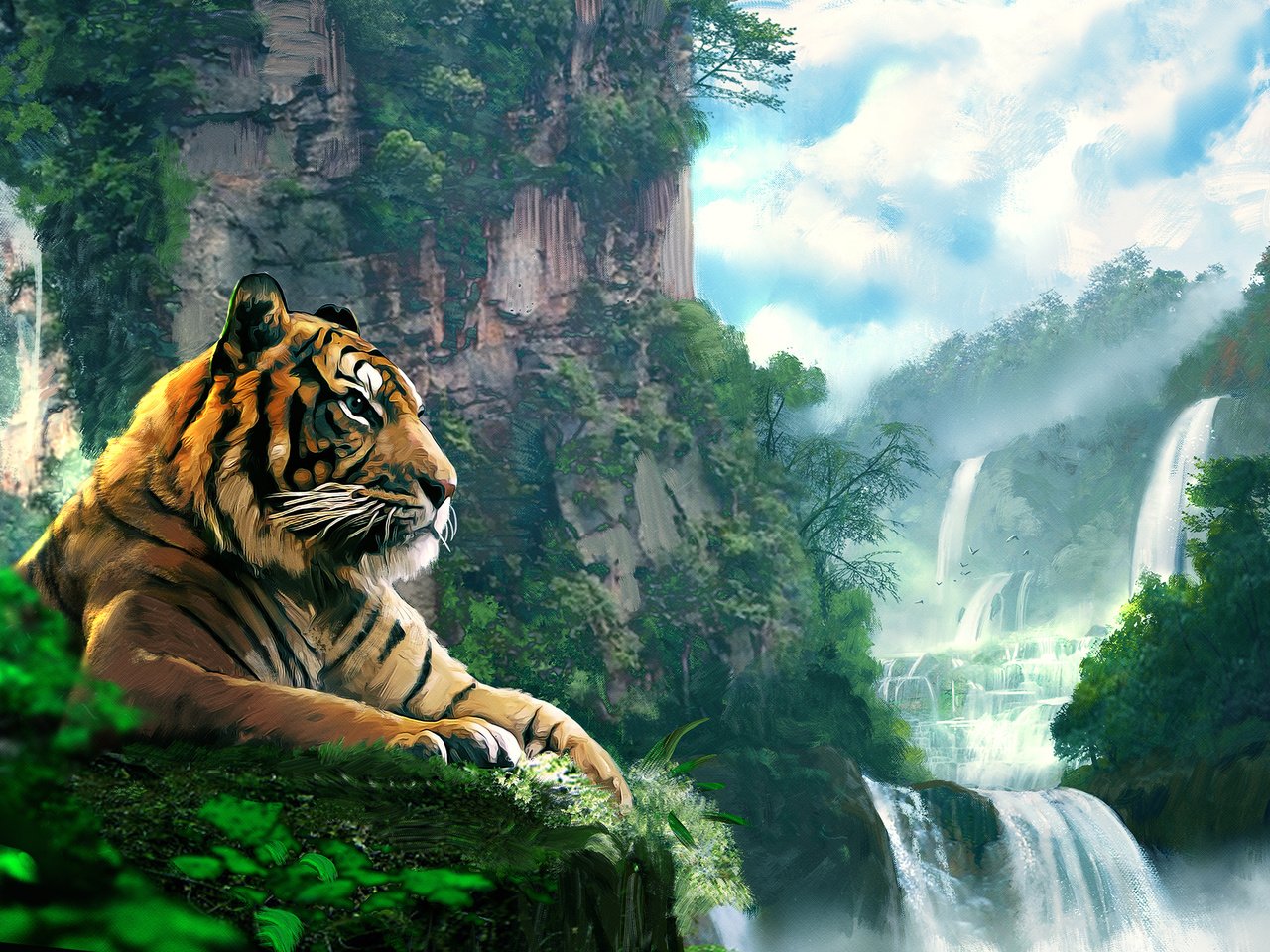 Обои тигр, арт, лес, пейзаж, гора, водопад, tiger, art, forest, landscape, mountain, waterfall разрешение 2500x1516 Загрузить