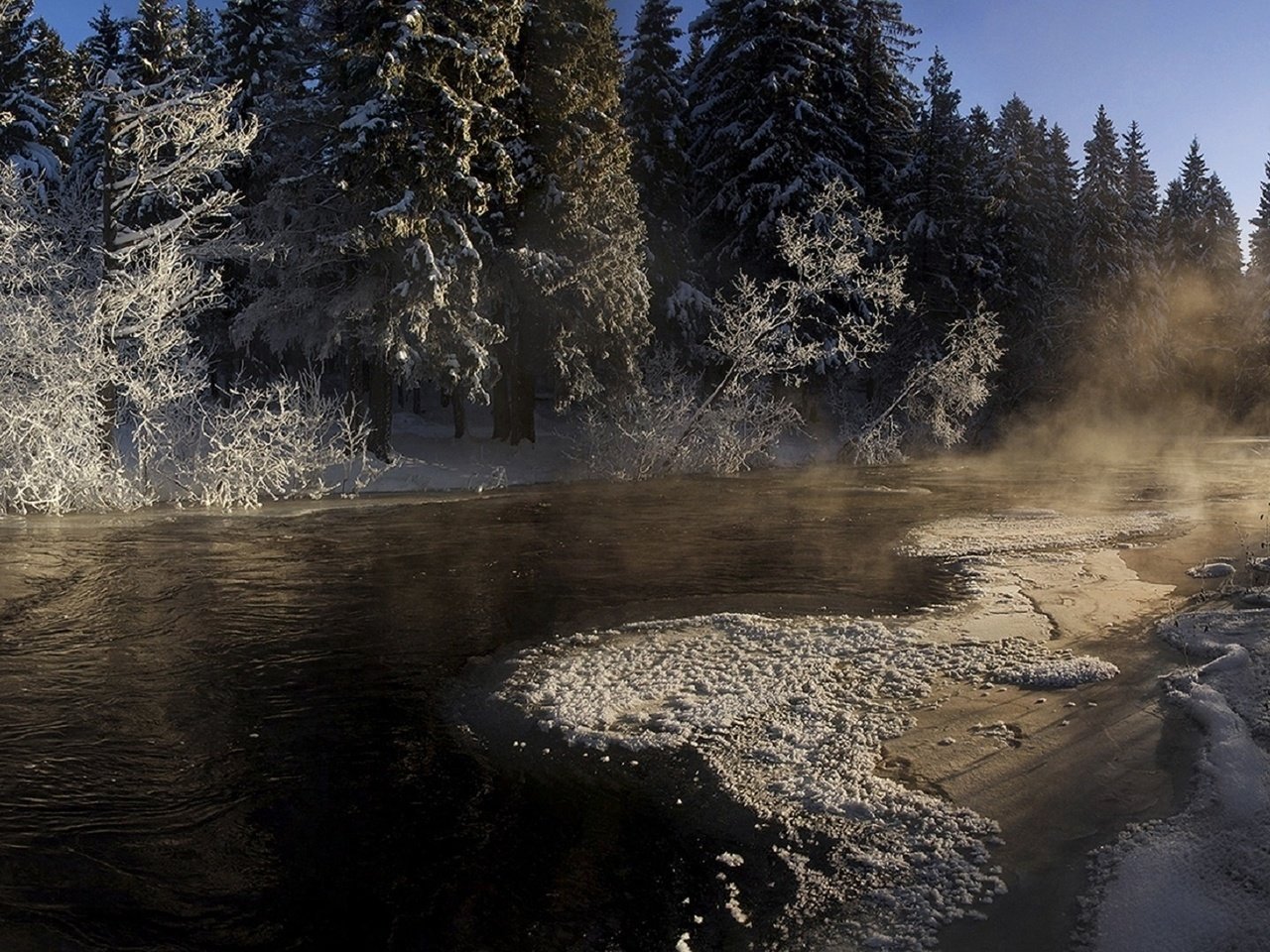 Обои река, снег, зима, ели, карелия, river, snow, winter, ate, karelia разрешение 1920x1080 Загрузить