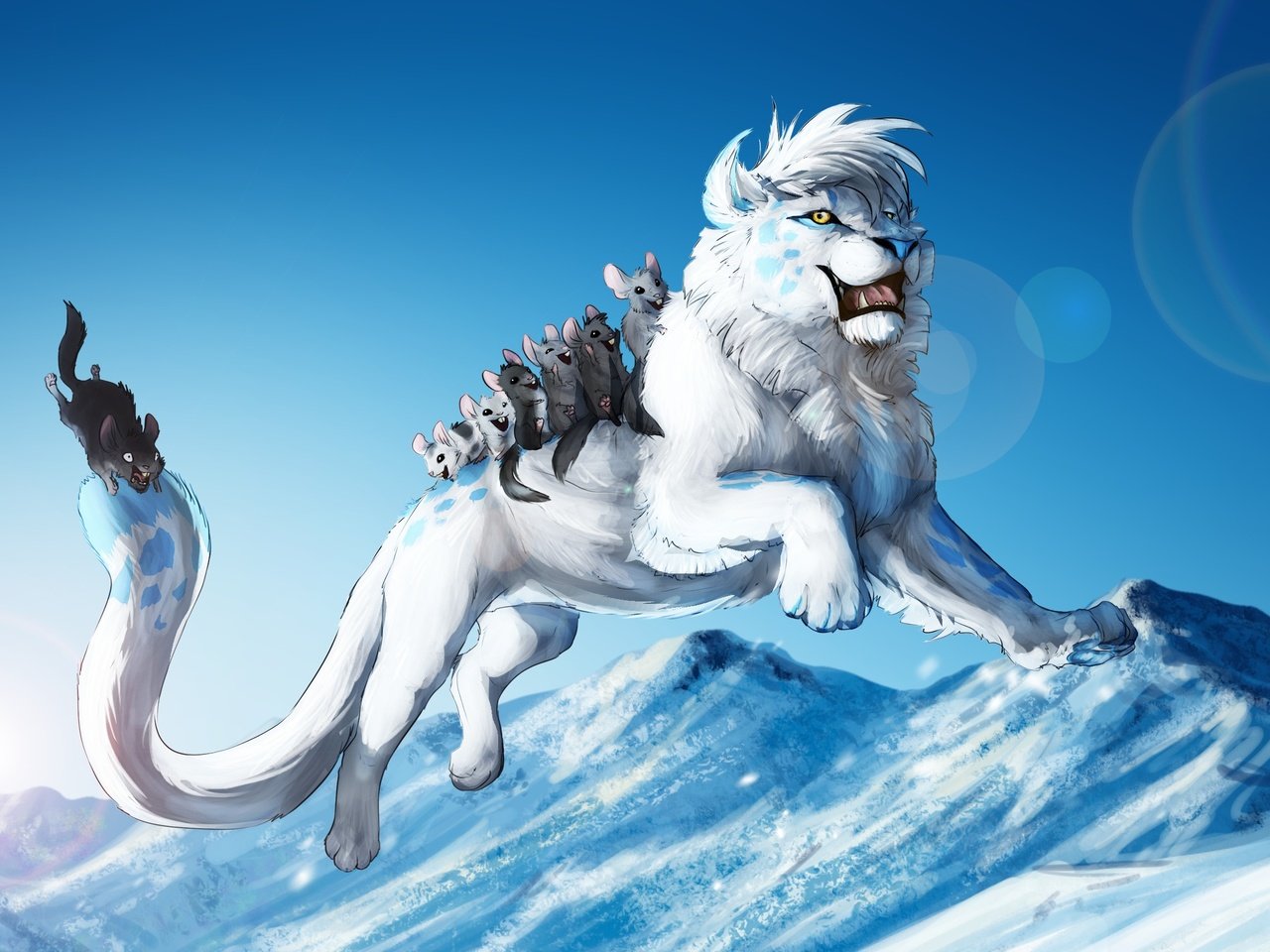 Обои арт, забавы, снег, зима, животные, прыжок, холод, игры, белый лев, art, fun, snow, winter, animals, jump, cold, game, white lion разрешение 2800x1643 Загрузить