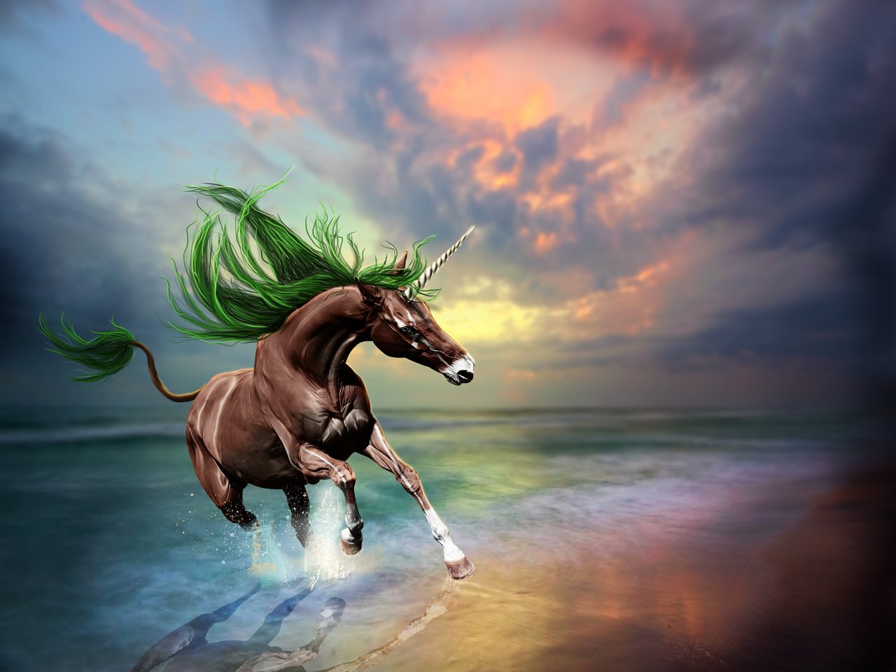 Обои небо, скачет, арт, закат 3d, волны, отражение, море, животное, конь, единорог, the sky, jump, art, sunset 3d, wave, reflection, sea, animal, horse, unicorn разрешение 2700x2175 Загрузить
